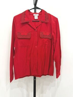 Lauren Lee Red Button-Up Shirt with Black Embroidery, Size 8